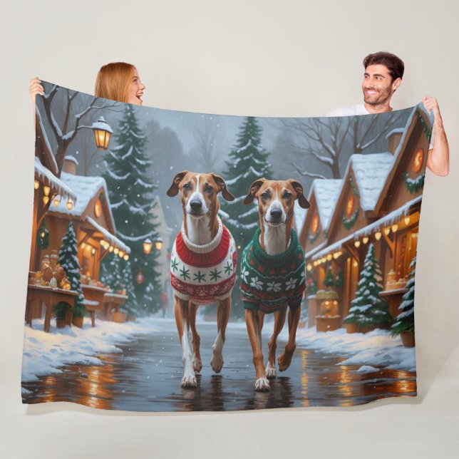 Greyhound Dogs Christmas Snow Holiday Fleece Blanket (In Situ)