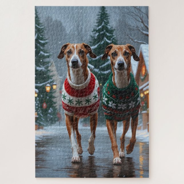 Greyhound Dogs Christmas Snow Holiday Jigsaw Puzzle (Vertical)
