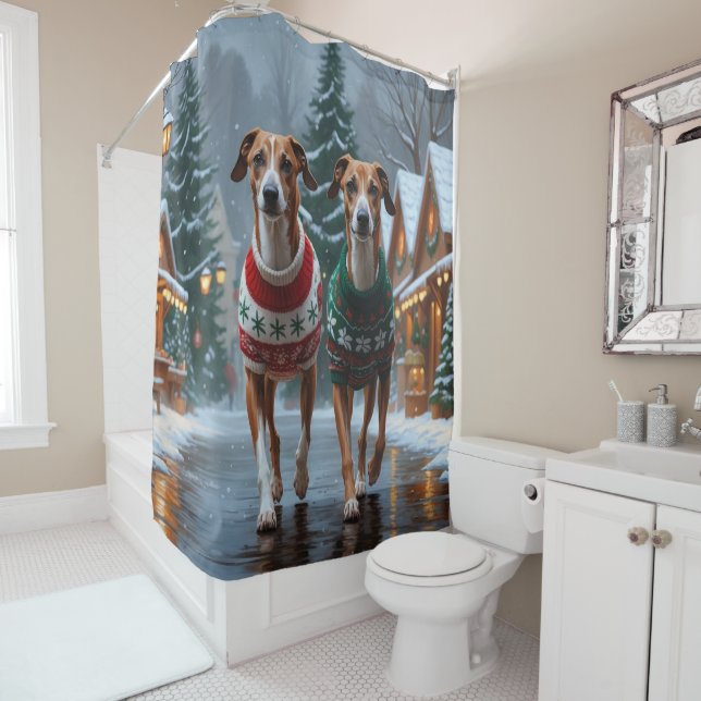 Greyhound Dogs Christmas Snow Holiday Shower Curtain (In Situ)