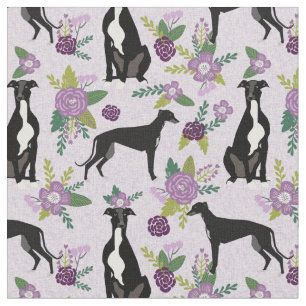 greyhound florals black and white dog purple fabric