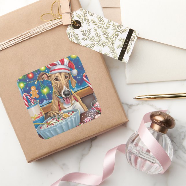 Greyhound Holiday Baking: Festive Christmas Square Sticker (Gifting)