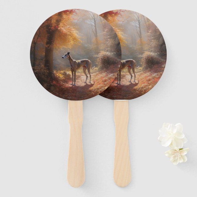 Greyhound in Autumn Leaves Fall Inspire Hand Fan (Front and Back)