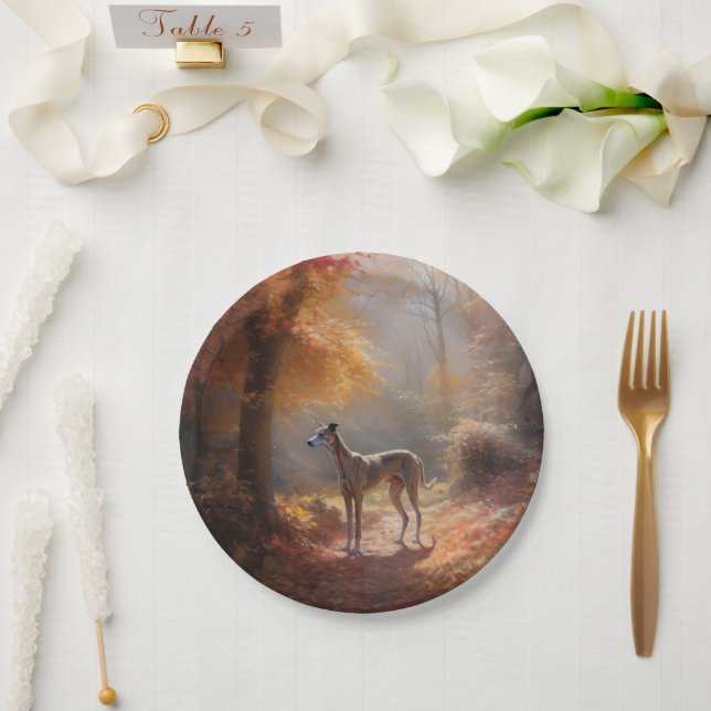 Greyhound in Autumn Leaves Fall Inspire Paper Plate (Wedding)