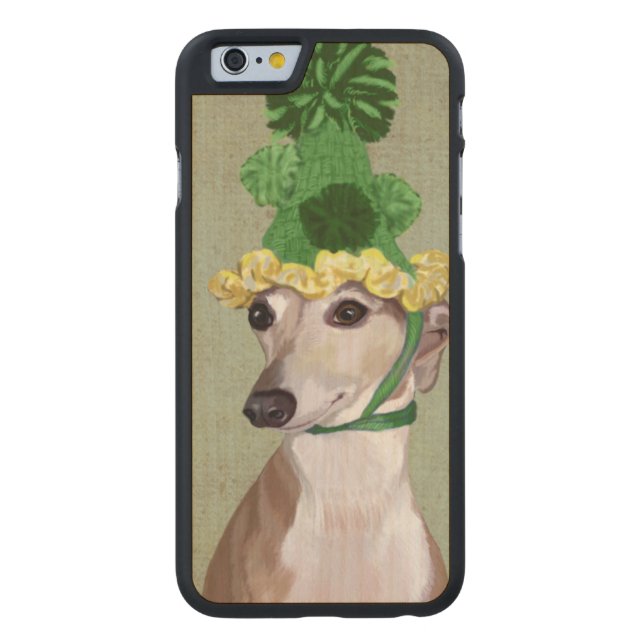 Greyhound in Green Knitted Hat Carved Wood iPhone Case (Back)