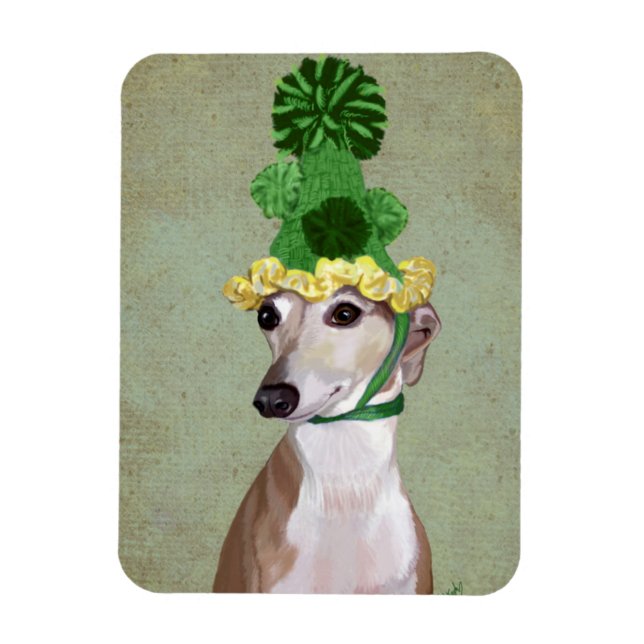 Greyhound in Green Knitted Hat Magnet (Vertical)