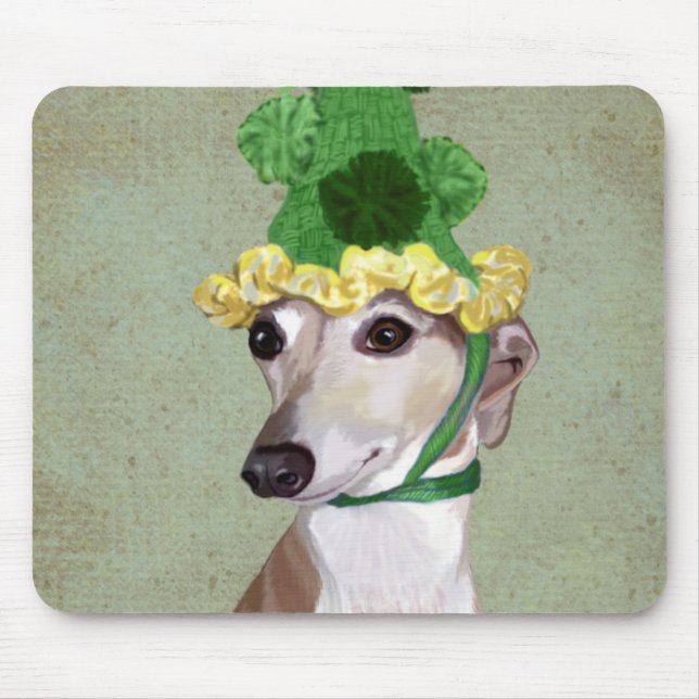 Greyhound in Green Knitted Hat Mouse Mat (Front)