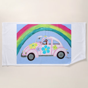 Greyhound in Hippie Car under a Rainbow Beach Towel
