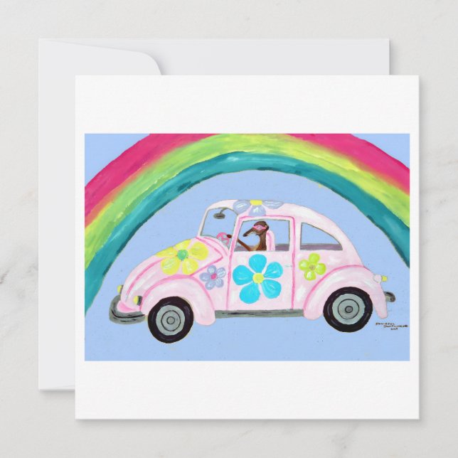 Greyhound in Hippie Car with Rainbow Card (Front)