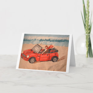 Greyhound in red convertible car at the Beach Card