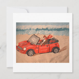 Greyhound in red  convertible car at the Beach Invitation