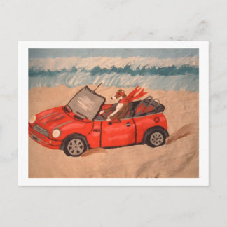 Greyhound in red  convertible car at the Beach Invitation Postcard