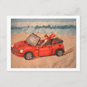 Greyhound in red convertible car at the Beach Postcard