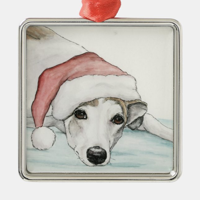 Greyhound in Santa Hat Dog Art Ornament (Front)