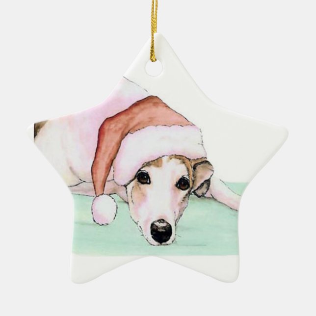 Greyhound in Santa Hat Dog Art Ornament (Front)
