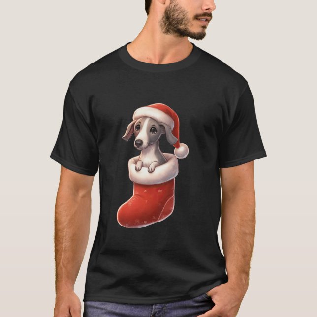 Greyhound In Sock Christmas Santa Hat Xmas Dog Lov T-Shirt (Front)