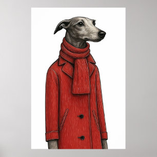 Greyhound in Winter Coat, Stylised Drawing Poster