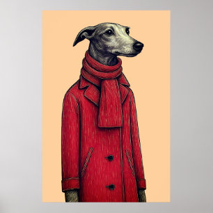Greyhound in Winter Red Coat, Stylised Drawing Poster
