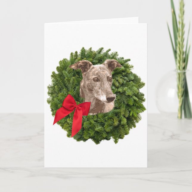 Greyhound in Xmas Wreath Holiday Card (Front)