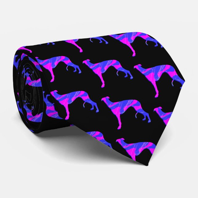 Greyhound Lurcher Dog Pink Silhouette Black Neck Tie (Rolled)