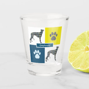 Greyhound / Lurcher Dog Silhouette & Paw Y&B Grid Shot Glass