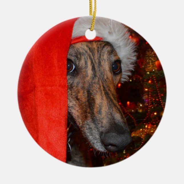 Greyhound Lurcher Santa Christmas Ceramic Tree Decoration (Front)