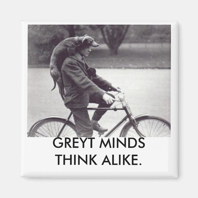 Greyhound & man on bike, GREYT MINDS THINK ALIKE Magnet (Front)