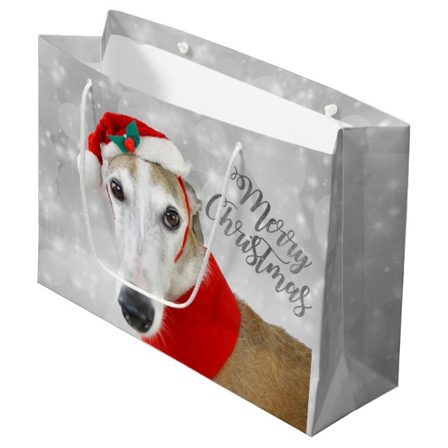 Greyhound Merry Christmas Large Gift Bag (Front Angled)