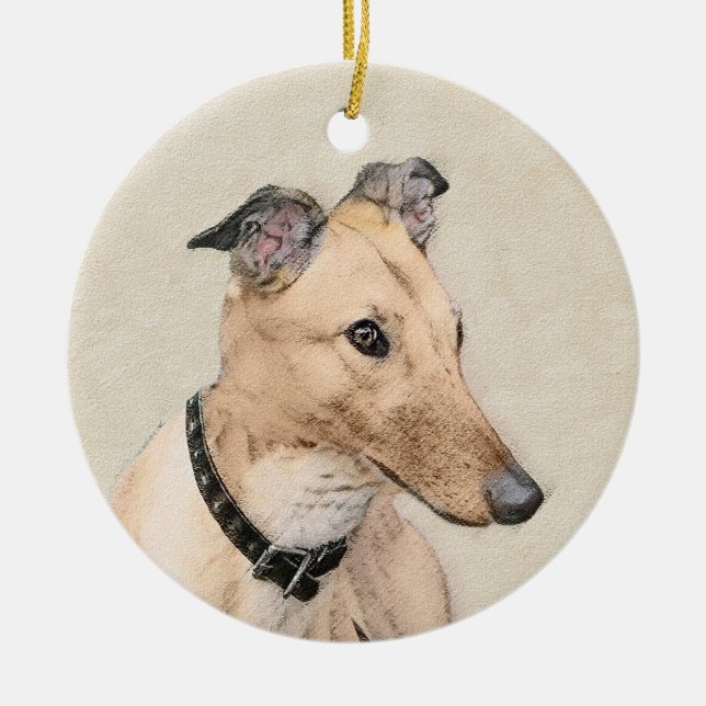 Greyhound Painting - Cute Original Dog Art Ceramic Tree Decoration (Front)