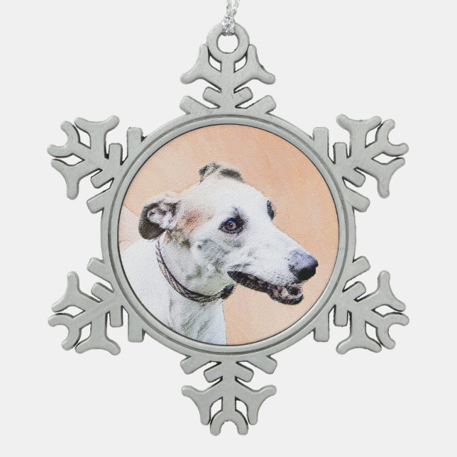 Greyhound Painting - Cute Original Dog Art Snowflake Pewter Christmas Ornament (Front)