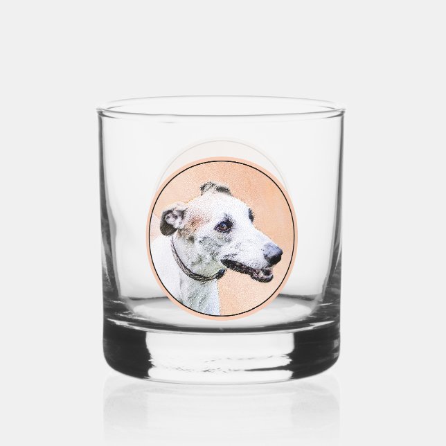 Greyhound Painting - Cute Original Dog Art Whiskey Glass (Front)