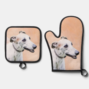 Greyhound Painting Cute Red White Original Dog Art Oven Mitt & Pot Holder Set
