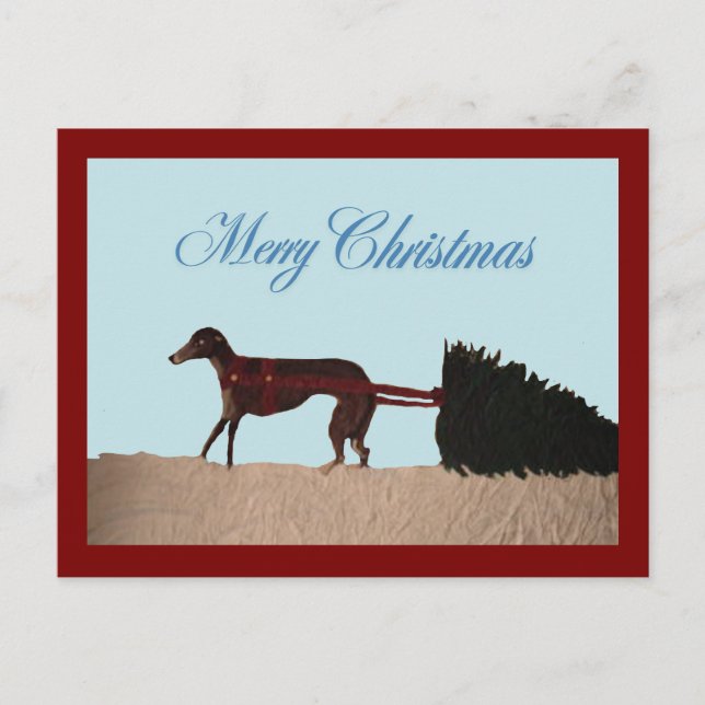 Greyhound pulling a Christmas Tree through Snow Postcard (Front)