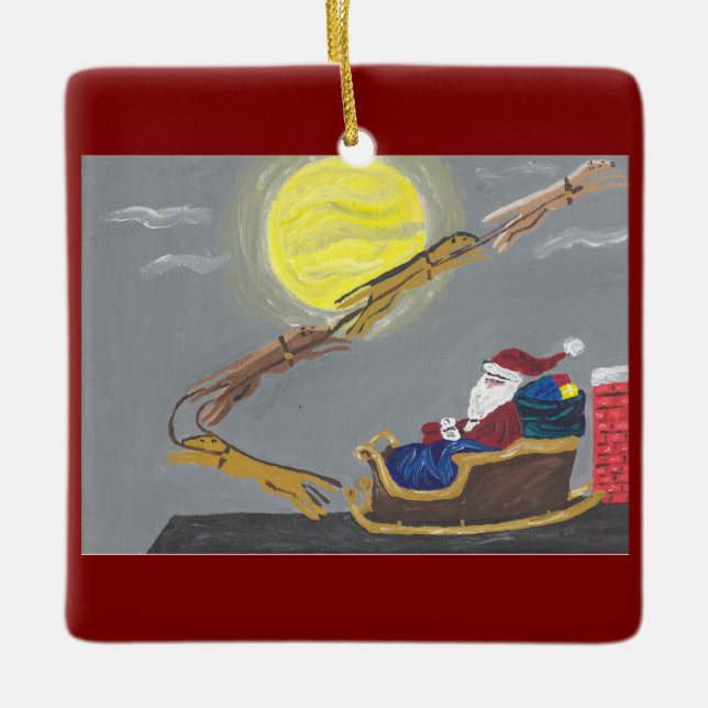 Greyhound Pulling Santa's Sleigh Ceramic Ornament (Front)