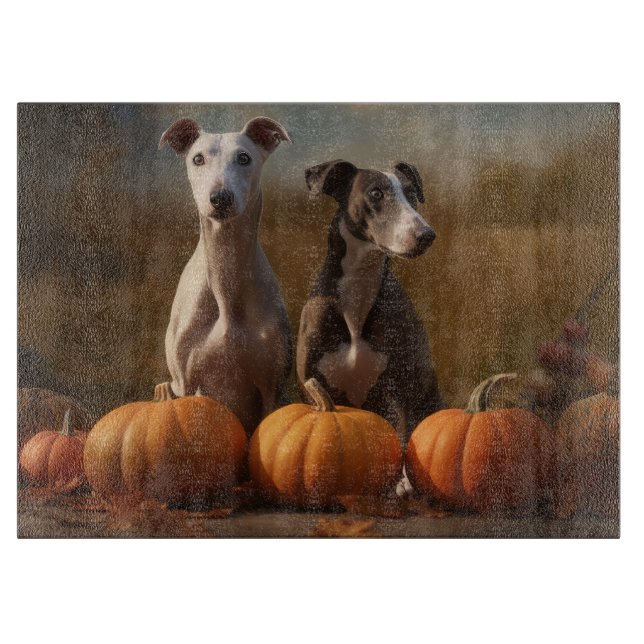 Greyhound Puppy Autumn Delight Pumpkin Cutting Board (Front)