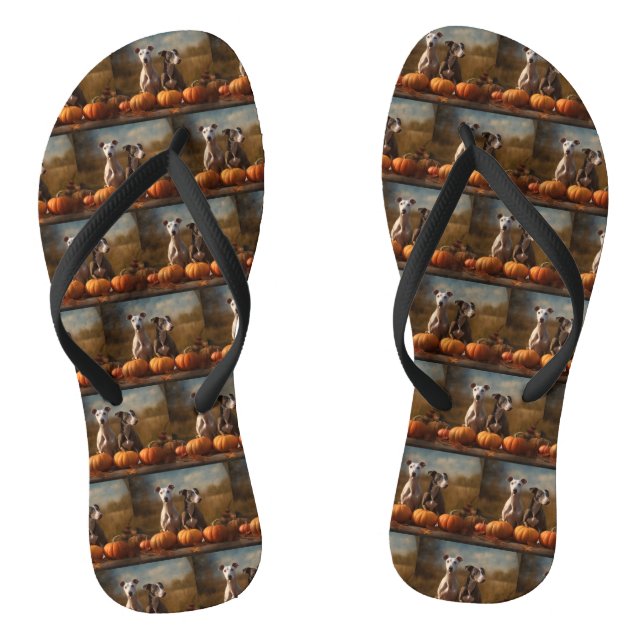Greyhound Puppy Autumn Delight Pumpkin Flip Flops (Footbed)