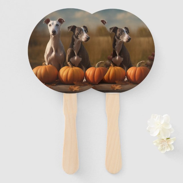 Greyhound Puppy Autumn Delight Pumpkin Hand Fan (Front and Back)
