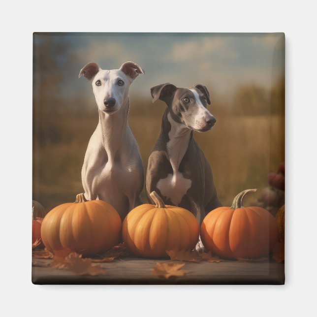 Greyhound Puppy Autumn Delight Pumpkin Magnet (Front)
