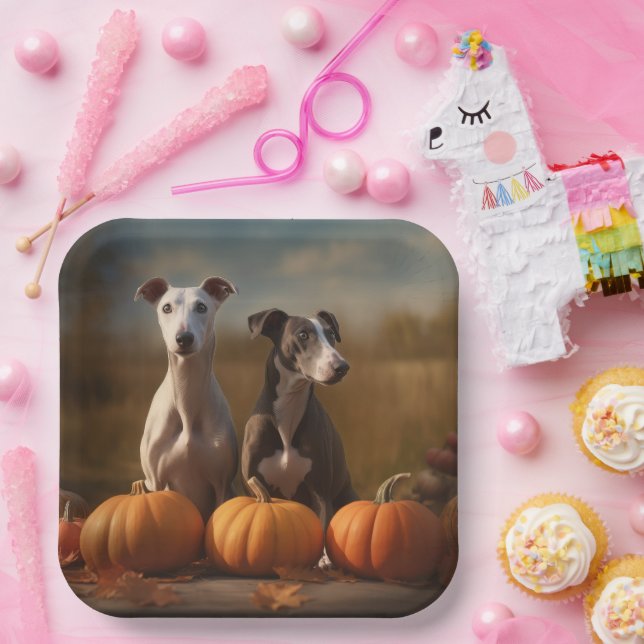 Greyhound Puppy Autumn Delight Pumpkin Paper Plate (Party)