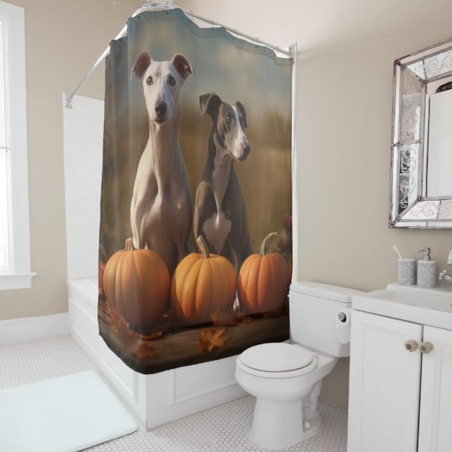Greyhound Puppy Autumn Delight Pumpkin Shower Curtain (In Situ)