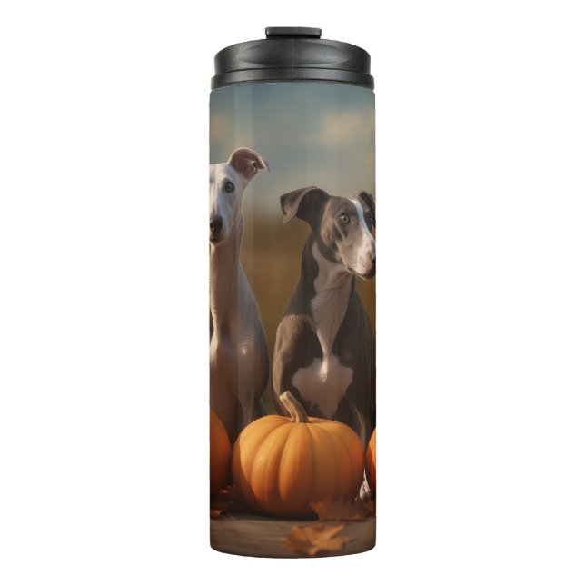 Greyhound Puppy Autumn Delight Pumpkin Thermal Tumbler (Front)