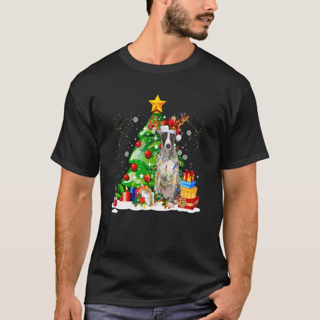 Greyhound Reindeer Christmas Lights  Dog Xmas T-Shirt (Front)
