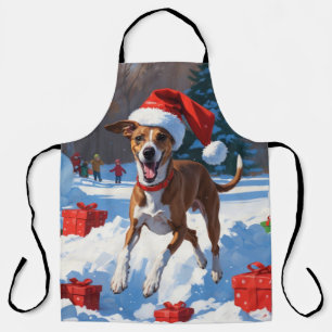 Greyhound Running in Snow with Christmas Hat Apron