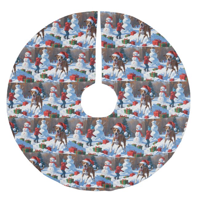 Greyhound Running in Snow with Christmas Hat Brushed Polyester Tree Skirt (Front)