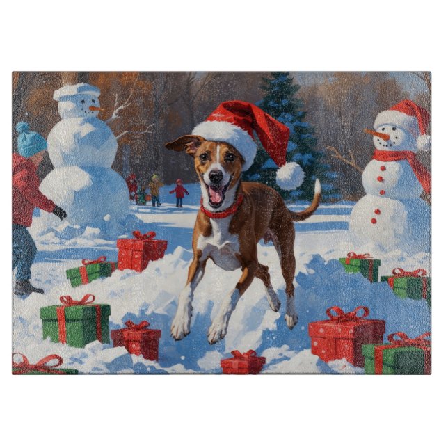 Greyhound Running in Snow with Christmas Hat Cutting Board (Front)