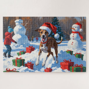 Greyhound Running in Snow with Christmas Hat Jigsaw Puzzle