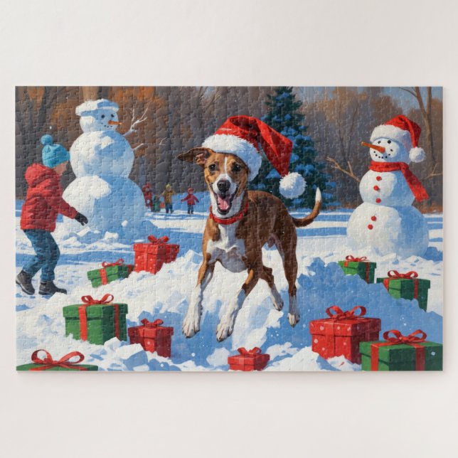 Greyhound Running in Snow with Christmas Hat Jigsaw Puzzle (Horizontal)