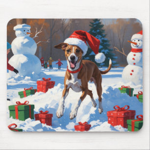 Greyhound Running in Snow with Christmas Hat Mouse Mat