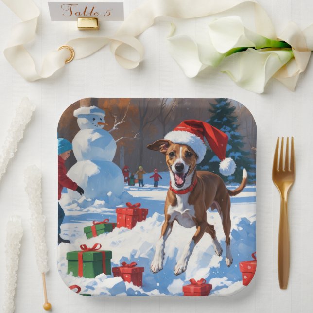 Greyhound Running in Snow with Christmas Hat Paper Plate (Wedding)