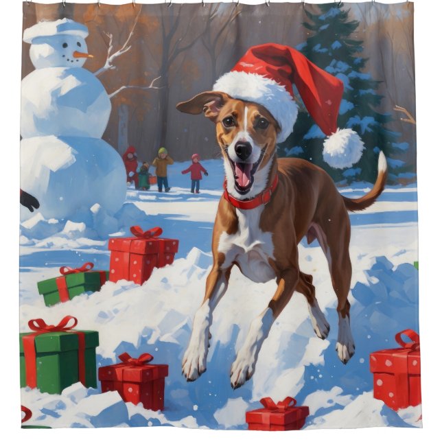 Greyhound Running in Snow with Christmas Hat Shower Curtain (Front)