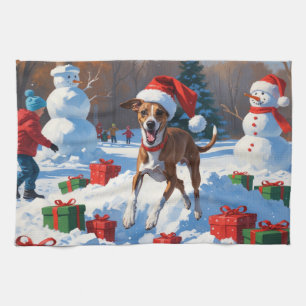 Greyhound Running in Snow with Christmas Hat Tea Towel